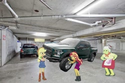 Size: 1079x718 | Tagged: safe, artist:forzaveteranenigma, edit, applejack, granny smith, sunset shimmer, driving miss shimmer, driving miss shimmer: applejack, equestria girls, equestria girls series, 1000 years in photoshop, apple-jack, car, fix, ford, ford f-150, ford f-150 raptor, garage, irl, parking garage, photo, ratchet wrench, why