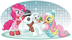 Size: 1061x592 | Tagged: safe, artist:metax-z, angel bunny, fluttershy, pinkie pie, earth pony, pegasus, pony, carrot, clothes, hat, scarf, snow, snowfall, snowpony, top hat