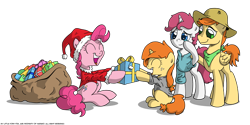 Size: 2000x1000 | Tagged: safe, artist:php104, pinkie pie, oc, earth pony, pony, clothes, happy, hat, present, santa costume, santa hat