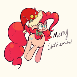 Size: 1280x1280 | Tagged: safe, artist:turtlefarminguy, pinkie pie, earth pony, pony, christmas, hair bow, hat, santa hat, solo