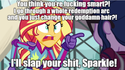 Size: 622x351 | Tagged: safe, edit, edited screencap, screencap, sci-twi, sunset shimmer, twilight sparkle, equestria girls, friendship games, angry, dragon ball super abridged, dragonball z abridged, exploitable meme, image macro, meme, sunset yells at twilight, team four star, text, vulgar