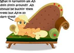 Size: 1024x739 | Tagged: safe, artist:aleximusprime, applejack, earth pony, pony, drama queen, on back, simple background, sofa, solo, the worst possible thing, transparent background