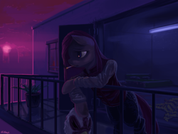 Size: 1024x768 | Tagged: safe, artist:chickhawk96, pinkie pie, earth pony, pony, semi-anthro, cigarette, clothes, crossover, dark, hotline miami, jacket, jeans, mask, pinkamena diane pie, sad, smoking, solo