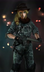 Size: 4117x6614 | Tagged: safe, artist:tiger-type, applejack, human, absurd resolution, badass, clothes, gloves, gun, h&k g3, humanized, looking at you, military, military uniform, solo, weapon