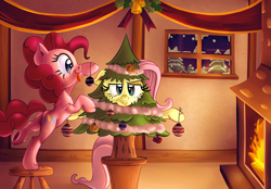 Size: 2708x1889 | Tagged: safe, artist:discorded, fluttershy, pinkie pie, earth pony, pegasus, pony, balancing, bauble, christmas, christmas tree, decorating, decoration, female, fire, flutterpie, fluttershy is not amused, fluttertree, lesbian, shipping, stool, tongue out, tree, tree costume, unamused, underhoof, wat