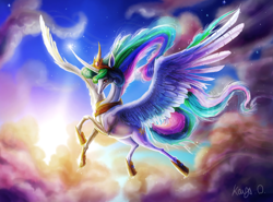 Size: 5191x3831 | Tagged: safe, artist:kayas-kosmos, princess celestia, alicorn, pony, absurd resolution, dawn, flying, magic, solo, sunrise, twilight (astronomy)