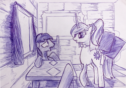 Size: 1075x750 | Tagged: safe, artist:inkygarden, princess celestia, ballpoint pen, menu, monochrome, pointing, race swap, restaurant, sketch, surprised, traditional art