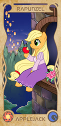 Size: 449x921 | Tagged: safe, artist:apzzang, applejack, earth pony, pony, long hair, long mane, parody, rapunzel, sitting, solo