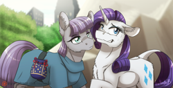 Size: 1024x519 | Tagged: safe, artist:inuhoshi-to-darkpen, maud pie, rarity, earth pony, pony, unicorn, the gift of the maud pie, chest fluff, clothes, dock, ear fluff, female, floppy ears, mare, nervous, patreon, patreon logo, pouch, rock pouch, saddle bag, scene interpretation, stare