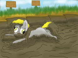 Size: 1600x1200 | Tagged: safe, alternate version, artist:amateur-draw, derpy hooves, beach, lying down, mud, muddy, scrunchy face, sign, solo, wet and messy