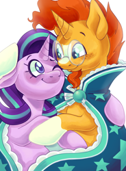 Size: 1088x1477 | Tagged: safe, artist:trinoids, starlight glimmer, sunburst, pony, unicorn, blushing, female, freckles, looking at each other, male, shipping, smiling, starburst, straight