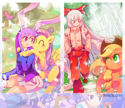 Size: 455x394 | Tagged: safe, artist:sweetsound, applejack, fluttershy, earth pony, pegasus, pony, crossover, fujiwara no mokou, komeiji satori, patchouli knowledge, pixiv, reisen udongein inaba, touhou