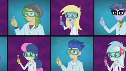 Size: 1366x768 | Tagged: safe, screencap, bon bon, derpy hooves, flash sentry, lyra heartstrings, microchips, sandalwood, sweetie drops, acadeca, equestria girls, friendship games, clothes, goggles, lab coat