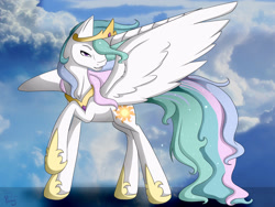 Size: 1600x1200 | Tagged: safe, artist:twigpony, princess celestia, alicorn, pony, raised hoof, solo, spread wings