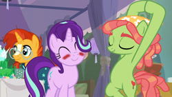 Size: 1280x720 | Tagged: safe, artist:ambassad0r, artist:ktd1993, edit, edited screencap, screencap, starlight glimmer, sunburst, tree hugger, pony, student counsel, blushing, female, lesbian, shipping, starhugger, tree pose