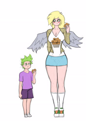 Size: 2480x3508 | Tagged: safe, artist:franschesco, derpy hooves, spike, human, breasts, derpy loaves, eating, food, humanized, muffin, winged humanization, wings