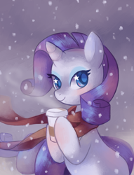 Size: 718x941 | Tagged: dead source, safe, artist:psiaus, rarity, pony, unicorn, clothes, coffee, colored pupils, cup, cute, food, raribetes, scarf, snow, snowfall, solo, starry eyes, wingding eyes, winter