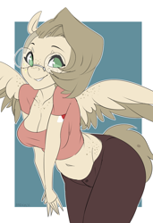 Size: 916x1338 | Tagged: safe, artist:moxaji, oc, anthro, pegasus, adorasexy, belly button, body freckles, breasts, chest freckles, cleavage, clothes, cute, female, freckles, glasses, hip freckles, midriff, ocbetes, sexy, short shirt, solo, wide hips, wing freckles