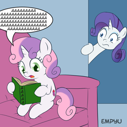 Size: 1000x1000 | Tagged: safe, artist:empyu, edit, rarity, sweetie belle, pony, unicorn, aaaaaaaaaa, book, exploitable meme, meme, sweetie belle's book