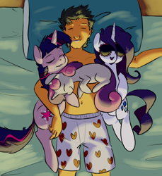 Size: 640x700 | Tagged: safe, artist:goat train, derpibooru import, rarity, sweetie belle, twilight sparkle, human, bed, belly button, blindfold, boxers, clothes, cuddle puddle, cuddling, cute, drool, eyes closed, female, human on pony snuggling, lucky bastard, male, on back, open mouth, pillow, pony pile, sleeping, smiling, snuggling, straight, topless, underwear