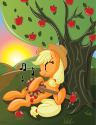 Size: 2153x2785 | Tagged: safe, artist:inkrose98, applejack, earth pony, pony, banjo, eyes closed, music notes, musical instrument, on back, solo, sunset, tree