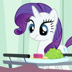 Size: 652x653 | Tagged: safe, screencap, rarity, pony, unicorn, read it and weep, cropped, food, rarity looking at food, solo