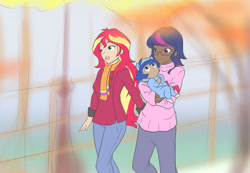 Size: 1215x841 | Tagged: safe, artist:jonfawkes, sci-twi, sunset shimmer, twilight sparkle, oc, oc:sparkling sapphire, series:sciset diary, equestria girls, ask human octavia, clothes, coat, crossover, female, human coloration, lesbian, magical lesbian spawn, offspring, parent:sci-twi, parent:sunset shimmer, parents:scitwishimmer, scitwishimmer, shipping, sunsetsparkle