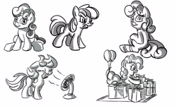 Size: 2500x1500 | Tagged: safe, artist:notlikelyanartist, apple bloom, pinkie pie, scootaloo, sweetie belle, earth pony, pony, balloon, carpet, fan, monochrome, present, sketch