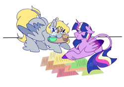 Size: 1280x898 | Tagged: safe, artist:cubbybatdoodles, derpy hooves, ditzy doo, twilight sparkle, twilight sparkle (alicorn), alicorn, pegasus, pony, female, food, leonine tail, lesbian, muffin, shipping, twerpy, unshorn fetlocks