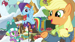 Size: 1280x720 | Tagged: safe, derpibooru import, screencap, applejack, rainbow dash, rainbow stars, spike, dragon, earth pony, pegasus, pony, best gift ever, clothes, scarf, snow, winged spike