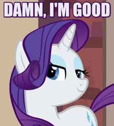 Size: 500x550 | Tagged: safe, edit, edited screencap, screencap, rarity, pony, unicorn, the gift of the maud pie, bedroom eyes, caption, confident, happy, image macro, looking at you, meme, reaction image, smiling, smug, solo