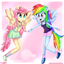 Size: 2600x2600 | Tagged: safe, artist:vixelzf, derpibooru import, fluttershy, rainbow dash, equestria girls, blushing, cleavage, clothes, dress, female, ponied up, pony ears, tanktop, wings