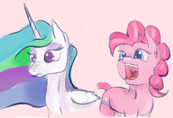 Size: 1220x834 | Tagged: safe, artist:post-it, pinkie pie, princess celestia, alicorn, earth pony, pony, colored sketch, sketch, smiling