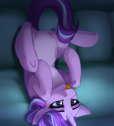 Size: 1800x2000 | Tagged: safe, artist:villjulie, starlight glimmer, pony, unicorn, female, floppy ears, mare, silly, silly pony, smiling, sofa, solo, tongue out, underhoof, upside down