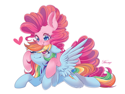 Size: 4000x3000 | Tagged: safe, artist:foxcarp, derpibooru import, pinkie pie, rainbow dash, earth pony, pegasus, pony, cute, female, hnnng, lesbian, mare, pinkiedash, shipping, smiling