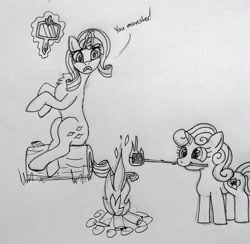 Size: 1802x1760 | Tagged: artist needed, safe, rarity, sweetie belle, campfire, cannibalism, fire, food, glowing horn, magic, marshmallow, mirror, monochrome, rarity is a marshmallow, roasting, sweetie belle is a marshmallow too, telekinesis, traditional art