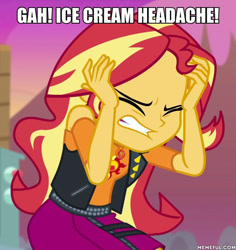 Size: 600x636 | Tagged: safe, edit, edited screencap, screencap, sunset shimmer, better together, equestria girls, forgotten friendship, brain freeze, cropped, image macro, meme, solo, text