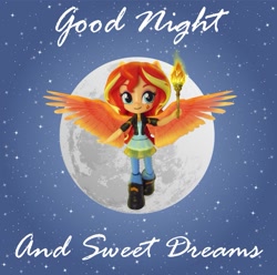 Size: 937x931 | Tagged: safe, artist:whatthehell!?, sunset shimmer, equestria girls, boots, clothes, doll, dress, equestria girls minis, eqventures of the minis, fiery shimmer, good night, irl, jacket, moon, night, night sky, pants, photo, shoes, sky, stars, torch, toy, wings