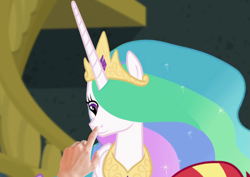 Size: 955x676 | Tagged: safe, edit, edited screencap, screencap, princess celestia, sunset shimmer, twilight sparkle, better together, equestria girls, forgotten friendship, boop, boop edit, cropped, cute, cutelestia, disembodied hand, ethereal mane, hand, meta, solo focus, trio