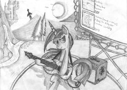 Size: 2000x1412 | Tagged: safe, artist:cryzeu, derpibooru import, twilight sparkle, pony, bipedal, guitar, monochrome, solo