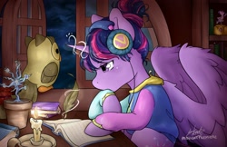 Size: 1518x982 | Tagged: safe, artist:midnightpremiere, owlowiscious, starlight glimmer, twilight sparkle, twilight sparkle (alicorn), alicorn, pony, alternate hairstyle, ballerina, book, bookshelf, candle, clothes, female, headphones, lofi, parody, plant pot, ponified, quill, quill pen, reading, tree of harmony, window