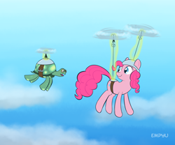 Size: 1000x830 | Tagged: safe, artist:empyu, pinkie pie, tank, earth pony, pony, 30 minute art challenge, flying