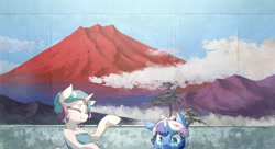 Size: 1280x694 | Tagged: safe, artist:toki, princess celestia, princess luna, alicorn, pony, bath, bathhouse, hot springs, mountain, water