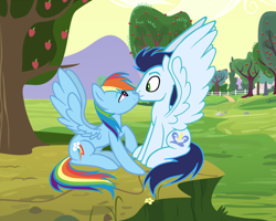 Size: 1024x818 | Tagged: safe, artist:kodretta, derpibooru import, rainbow dash, soarin', pegasus, pony, female, happy, kissing, male, shipping, smiling, soarindash, straight, wingboner