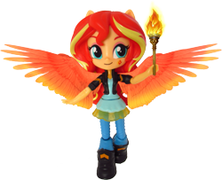 Size: 877x711 | Tagged: safe, artist:whatthehell!?, sunset shimmer, equestria girls, boots, clothes, doll, dress, equestria girls minis, irl, jacket, pants, photo, shoes, simple background, solo, torch, toy, transparent background, wings