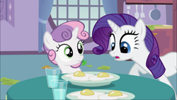 Size: 1920x1080 | Tagged: safe, screencap, rarity, sweetie belle, pony, unicorn, sisterhooves social, egg (food), food, ponies eating meat, rarity looking at food