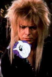 Size: 343x505 | Tagged: safe, editor:iexist1, rarity, pony, unicorn, the gift of the maud pie, david bowie, exploitable meme, female, goblin king, jareth, labyrinth (movie), mare, meme, movie reference, rariball