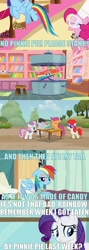 Size: 852x2396 | Tagged: safe, derpibooru import, edit, edited screencap, screencap, pinkie pie, rainbow dash, rarity, scootaloo, sweetie belle, truffle shuffle, twist, earth pony, pony, family appreciation day, maud pie (episode), read it and weep, the show stoppers, angst what angst?, blue text, candy, caption, hospital, implied vore, injured, meme, noodle incident, rarity is a marshmallow, zap apple jam