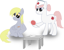Size: 987x771 | Tagged: safe, artist:crimsonlynx97, derpy hooves, nurse redheart, bandage, candy, duo, duo female, female, food, lollipop, simple background, syringe, table, transparent background