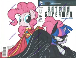 Size: 1205x918 | Tagged: safe, artist:ponygoddess, derpibooru import, pinkie pie, twilight sparkle, earth pony, pony, batman, crossover, new 52, parody, superman